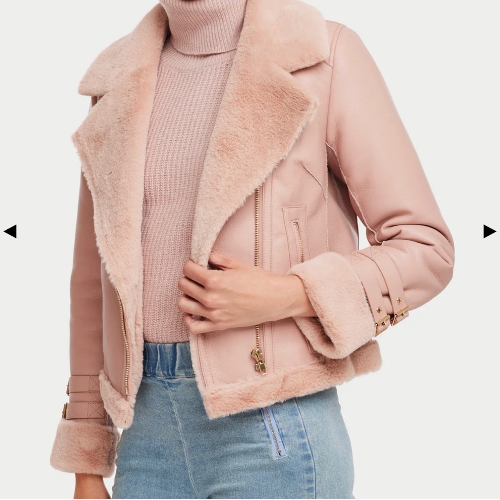 Luxury Faux Fur Collar Leather Jacket - Pale Gray - Picture 7 of 7